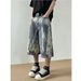 American Washed Flame Patterned Tied Denim Cropped 2025 Straight Loose Over Knee Casual Wide Leg Pants_mkmklike.com