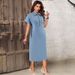 F218526 Plus Size Women's Denim Lapel Short Sleeved Zipper Mid Length Dress_mkmklike.com