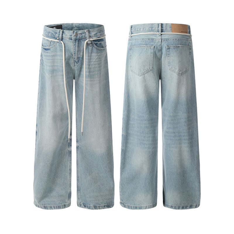 Men's Clothing Retro Basic Washed Blue Scimitar Jeans Men And Women New Loose Straight Commuter Pants_mkmklike.com