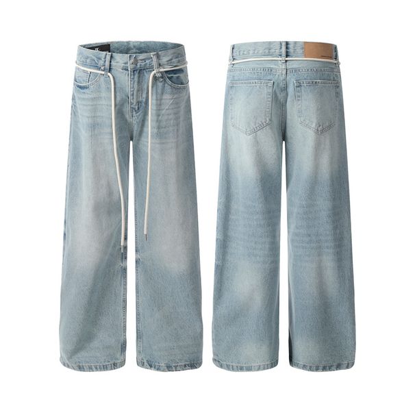 Men's Clothing Retro Basic Washed Blue Scimitar Jeans Men And Women New Loose Straight Commuter Pants_mkmklike.com