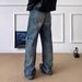 Men's Selvedge Blue Washed Whiskered Jeans Loose Straight Leg American Retro Style Casual Slimming Wide Leg Trousers_mkmklike.com