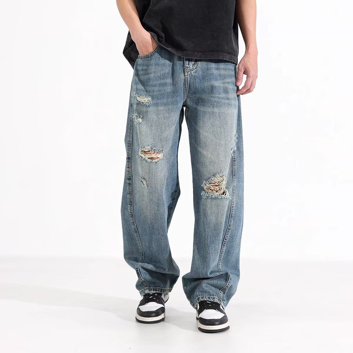 Men's American Style High Street Loose Straight Leg Jeans Casual Trousers Spring Summer New 2025_mkmklike.com