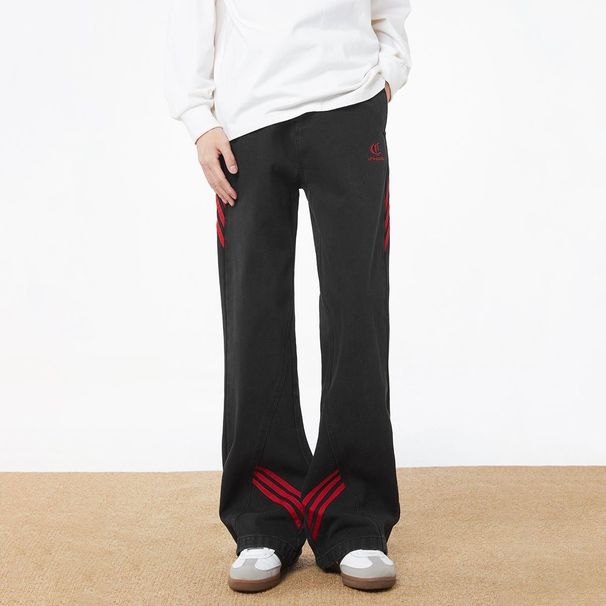 Slash Three-stripe Red And Black Contrasting Color Splicing Thin And Slightly Pulled Jeans Niche Design American Tooling Straight-leg Pants_mkmklike.com