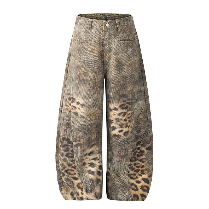 Wide Leg Jeans Distressed Leopard Print Loose Fit Retro Straight Leg Slimming And Draping Men And Women_mkmklike.com