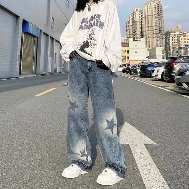 Women’s Clothing Street Retro Jeans Star Print Design Straight Casual Pants New_mkmklike.com