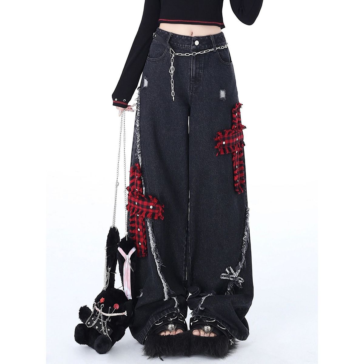 Rock-punk Ripped Straight Wide-leg Jeans For Women, New Spring Style, High-waisted, Loose, Embroidered, With A Draping_mkmklike.com