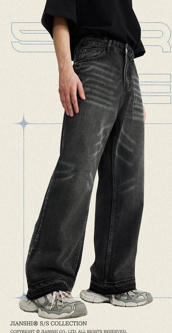 Men's Wide-Leg Raw Edge Jeans – Distressed Washed Denim Pants (Black Gray/Blue, S-XL)_mkmklike.com