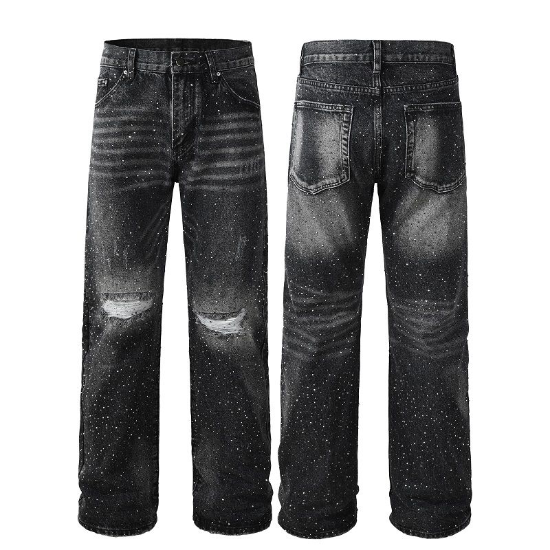 Streetwear Rhinestone Printed Distressed FashionJeans Baggy Hip Hop Straight Ripped Jeans Men_mkmklike.com