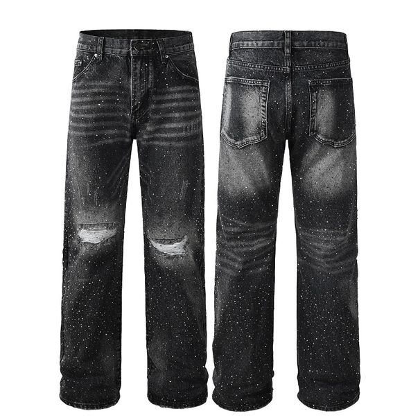 Streetwear Rhinestone Printed Distressed FashionJeans Baggy Hip Hop Straight Ripped Jeans Men_mkmklike.com