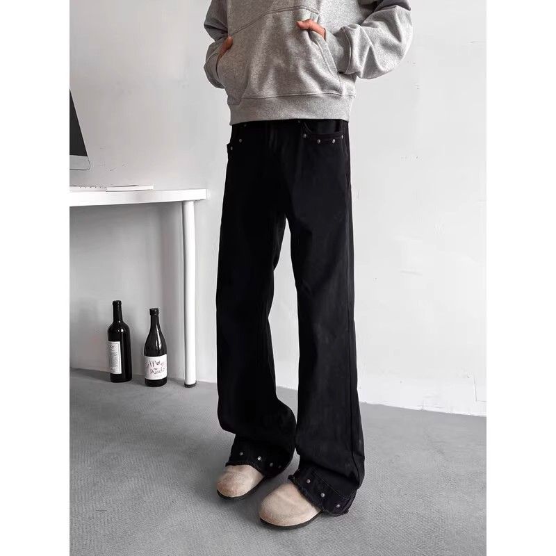 Men's Black Slim Fit Jeans Studded Cuffs Frayed Edges Slightly Flared Hip Hop Style Wide Leg Floor Length Pants_mkmklike.com