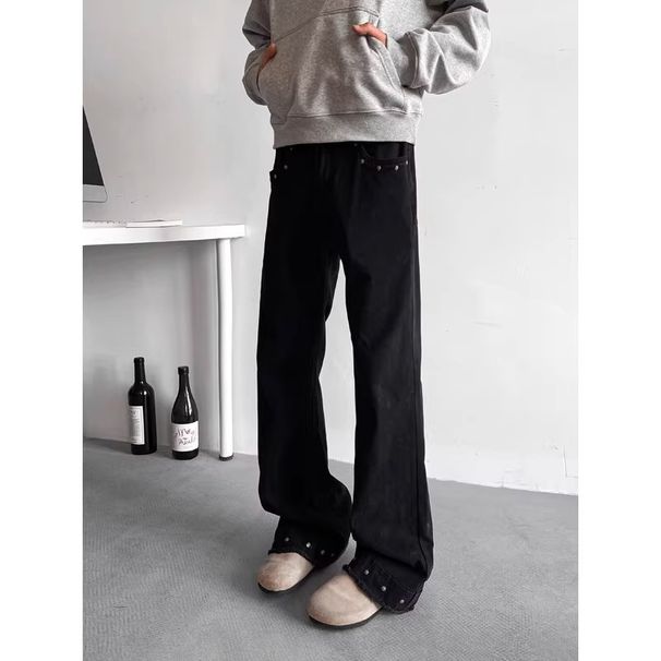 Men's Black Slim Fit Jeans Studded Cuffs Frayed Edges Slightly Flared Hip Hop Style Wide Leg Floor Length Pants_mkmklike.com