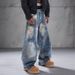 Vintage Blue Washed Relaxed Straight Leg Men's Jeans - Classic Denim With Distressed Details Versatile Styling_mkmklike.com