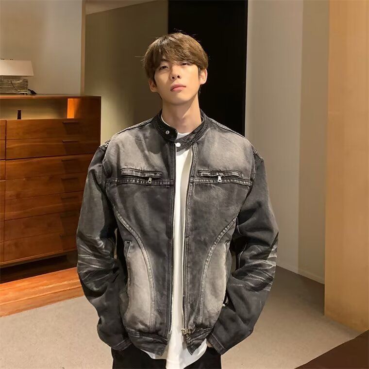 Wasteland Feng Shui Washed Into Old Ash Deconstruction Denim Men's Loose Korean Versatile Rascal Jacket_mkmklike.com