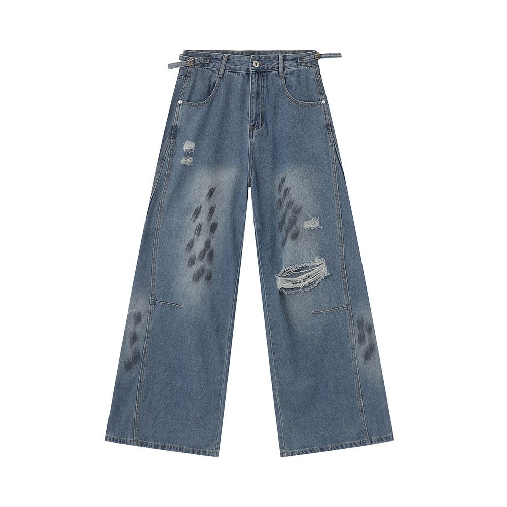 EF JEANS | 2024 New Vintage High Street Old Broken Dirty Print Straight Jeans Tide Loose Wide Legs_mkmklike.com