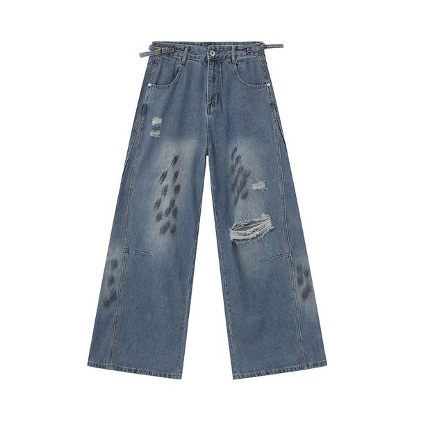EF JEANS | 2024 New Vintage High Street Old Broken Dirty Print Straight Jeans Tide Loose Wide Legs_mkmklike.com