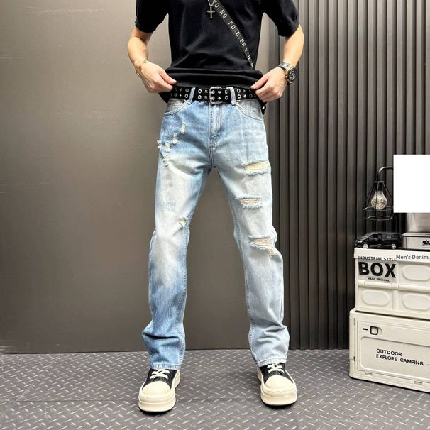 Light Blue Slim Fit Ripped Jeans For Men Straight Leg Washed Retro Style Slightly Flared Durable Harem Pants Spring Autumn_mkmklike.com