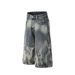 Men's Clothing Trendy Punk Tie Dyed Denim Shorts For Men Vibe Gradient Washed And Worn Wide Leg Loose Straight Shorts_mkmklike.com