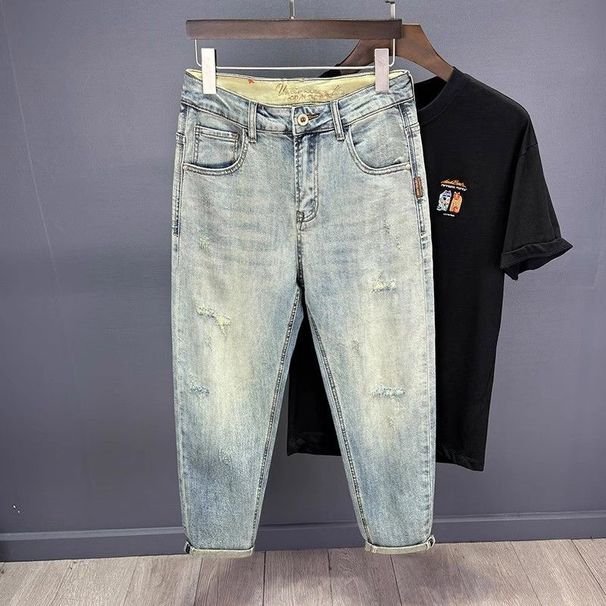 Men's Clothing New Light Colored Retro High End Ripped Jeans Men's Loose Tapered Slim Fitting Elastic Harem Nine Point Pants_mkmklike.com