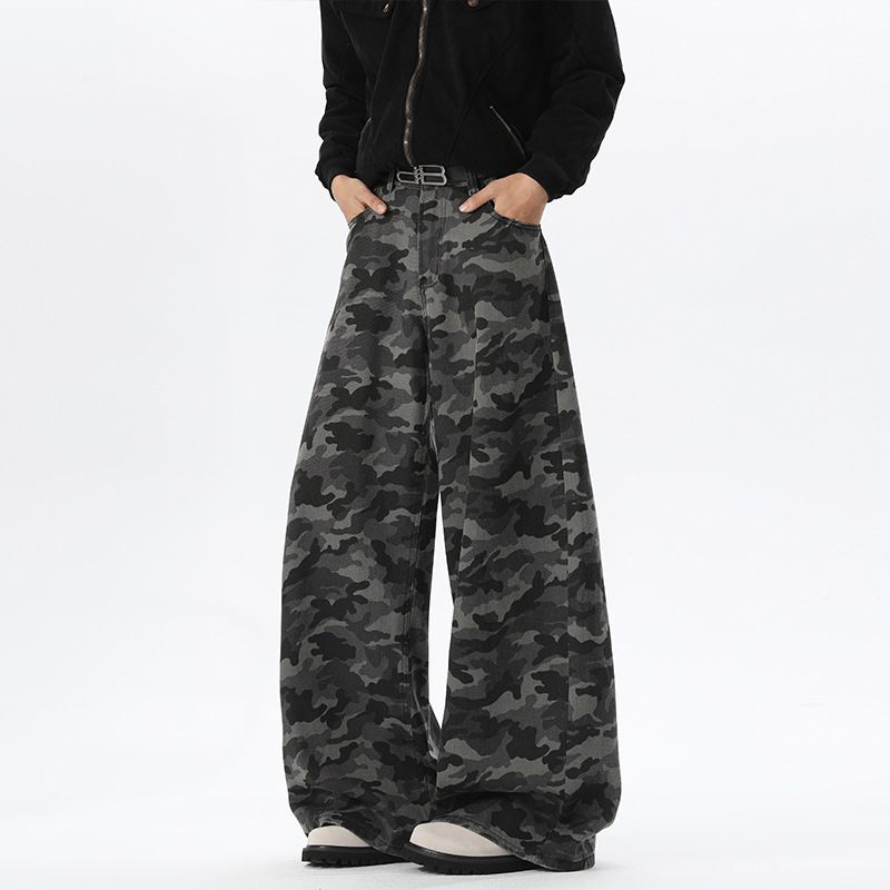 American-style Camouflage Jeans For Men, Autumn High Street Fashion Brand, Large Size, Loose Wide-leg Floor-length_mkmklike.com