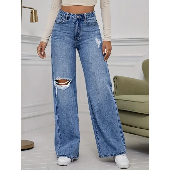Women's Clothing Wide Leg Straight High Waisted Floor Length Pants Ripped Jeans_mkmklike.com