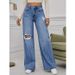 High-waisted Wide-leg Straight-leg Best-selling Floor-length Pants For Women; Ripped Jeans For Women In Light Blue_mkmklike.com