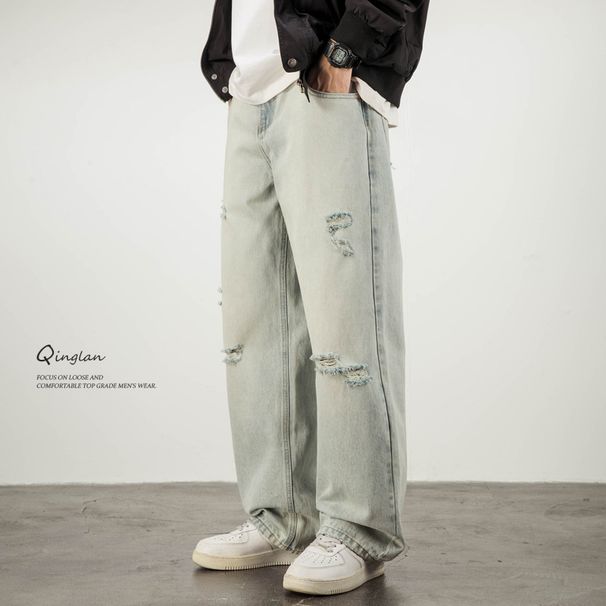 Men's Distressed Straight Leg Jeans - Loose Fit Oversized Denim Pants With Vintage Washed Effect, Comfortable & Stylish For Casual Wear_mkmklike.com