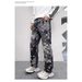Men's Clothing Mosaic print design jeans men's American retro washed loose casual straight floor length wide leg trousers_mkmklike.com