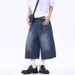 Men's Vintage Washed Denim Shorts Retro High Street Loose Fit Mid-Thigh Cargo in Black Navy Retro Blue_mkmklike.com