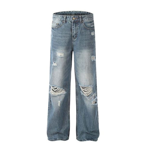 Men's Clothing Washed Distressed Ripped Drape Niche Jeans Men And Women Trendy Retro Loose Casual Straight Pants_mkmklike.com