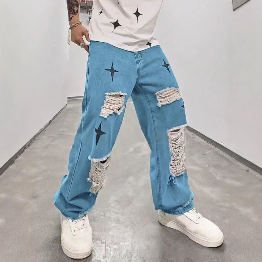 Men's Clothing Foreign Trade New Cross Border Men's Double Line Jeans Casual Straight European And American Straight Denim Trousers Men_mkmklike.com