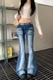 Real Shot Of Plus-size Washed Distressed Rivet Flared Jeans For Women, Low-waisted, Slim-fit, Slimming, Wide-leg Pants_mkmklike.com