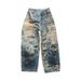 Men's Clothing Graffiti Destroyed 3D Digital Distressed Jeans American Street Niche Design Straight Loose Wide Leg Trousers_mkmklike.com