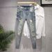 Men's Clothing Fashion Pants Ripped Trousers Jeans Elastic Slim Fit Nine Point Pants_mkmklike.com