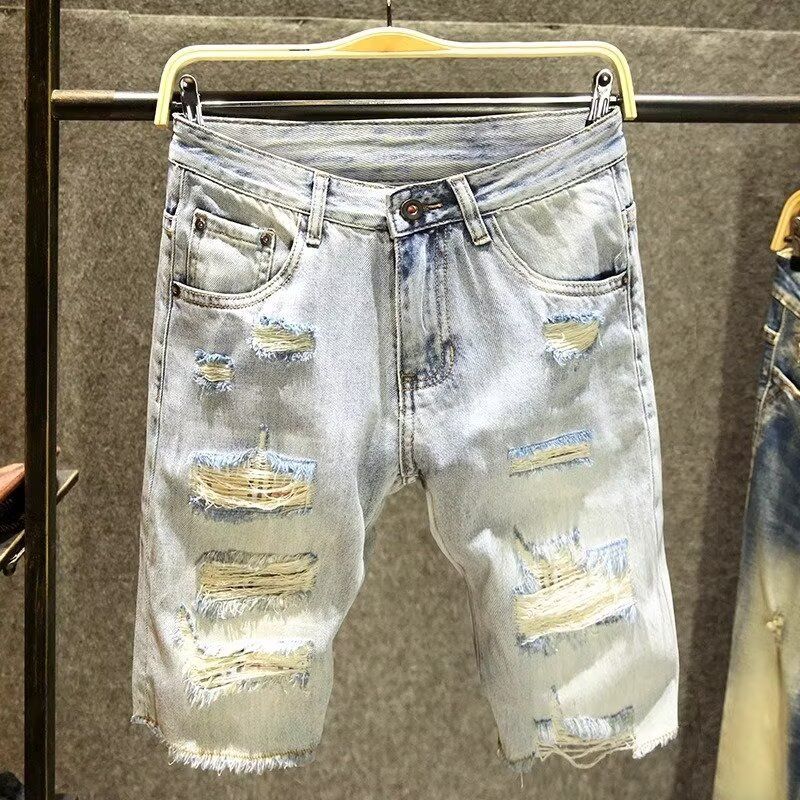 Summer Blue Distressed Simple Trendy Brand Mid-Length Beggar Five-Point Pants Men's Light Comfortable Jeans_mkmklike.com