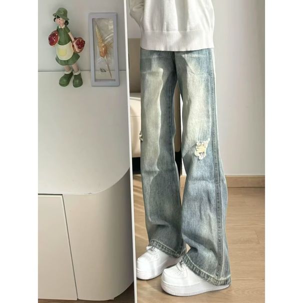 American Retro Distressed Ripped Versatile Street-style Men's Jeans, Casual Vintage Loose Straight-leg Long Pants_mkmklike.com