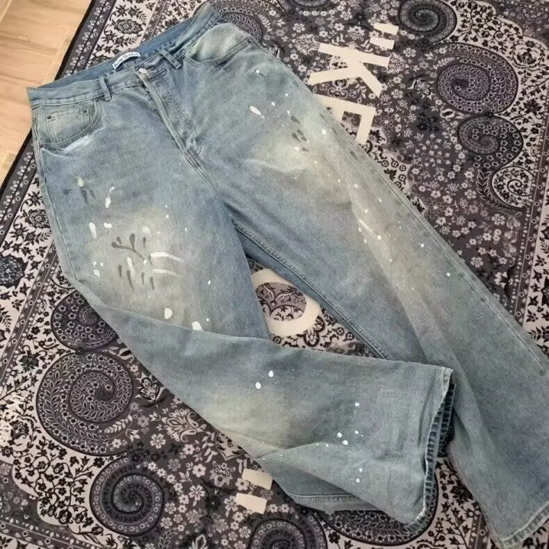 Men's Trendy Spring Straight Leg Jeans American Retro Washed Distressed Paint Splatter Loose Fit Versatile Wide Leg Pants for Youth_mkmklike.com