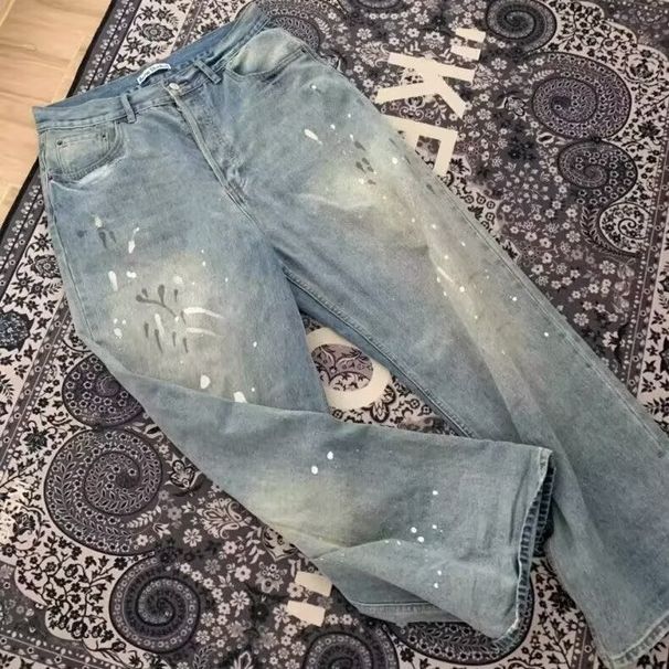 Men's Trendy Spring Straight Leg Jeans American Retro Washed Distressed Paint Splatter Loose Fit Versatile Wide Leg Pants for Youth_mkmklike.com