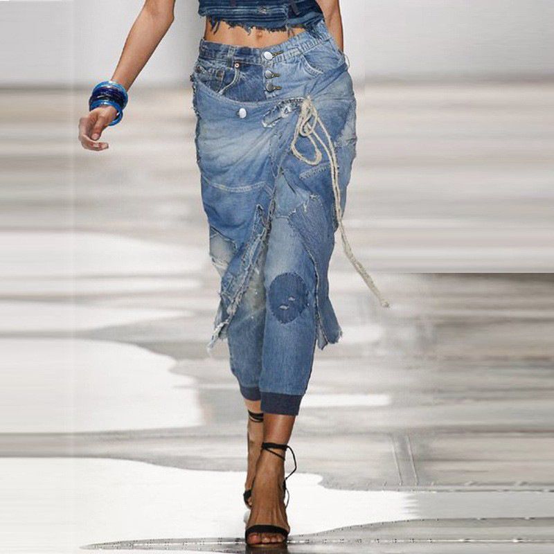 High Waisted Women's Slim Fit Jeans Distressed Ripped Drawstring Detail Ribbed Construction Regular Thickness England Style Fashion_mkmklike.com