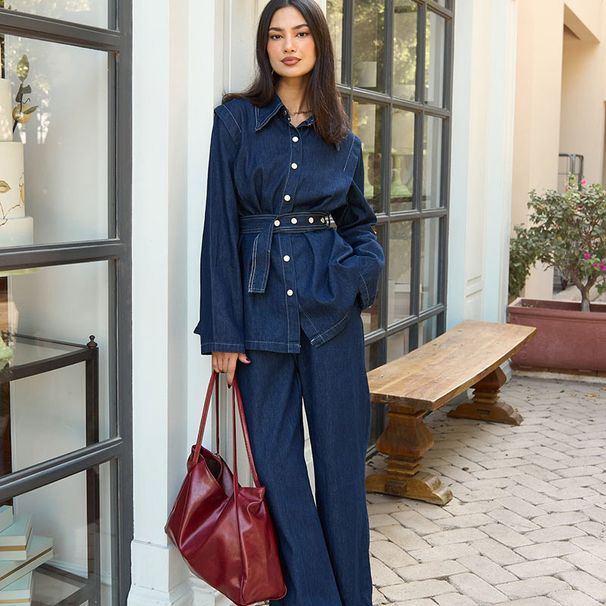 Women's Washed Denim Suit Set - Single Breasted Lapel Jacket & High Waisted Trousers, Loose Fit Casual Outfit_mkmklike.com