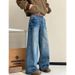 Vintage Blue Washed Curved Blade Jeans Unisex American High Street Loose Straight Leg Wide Pants_mkmklike.com