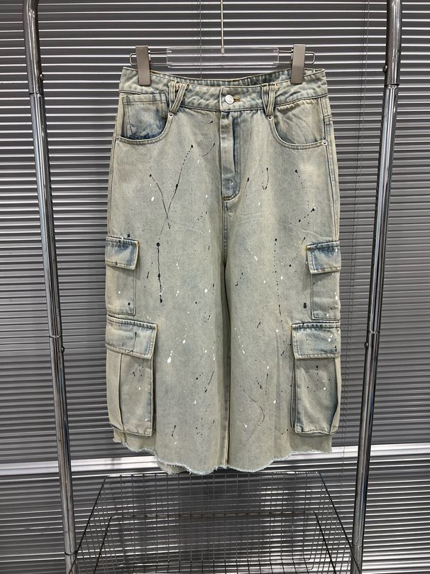 Men's Clothing American Retro Denim Pants Print Washed Distressed Straight Wide Leg Pants Loose Cropped Pants_mkmklike.com
