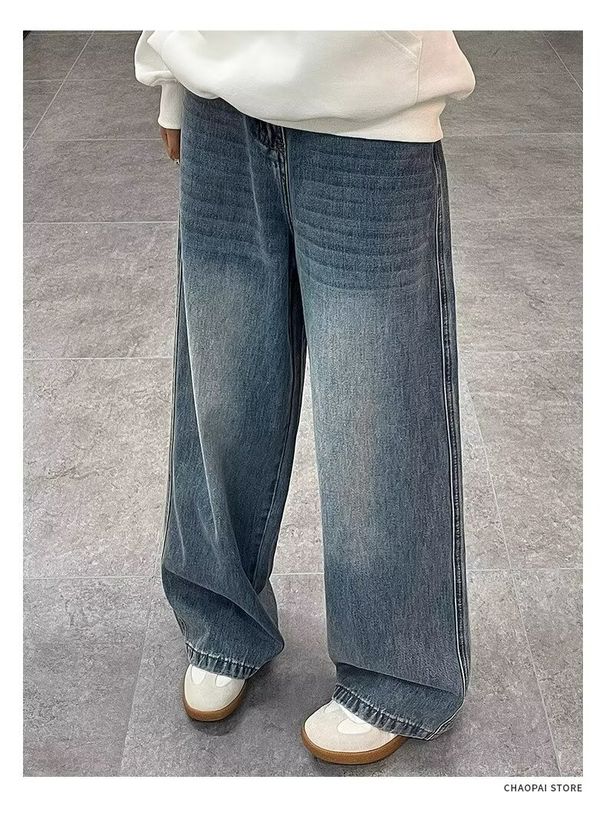 Men's High Street Washed Denim Jeans Relaxed Straight-Leg Vintage Style Retro Blue Sizes S-3XL_mkmklike.com