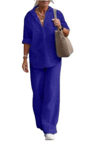 Women's clothing women's two-piece set women's lapel long-sleeved shirt spring and autumn casual solid color pants wide leg suit_mkmklike.com