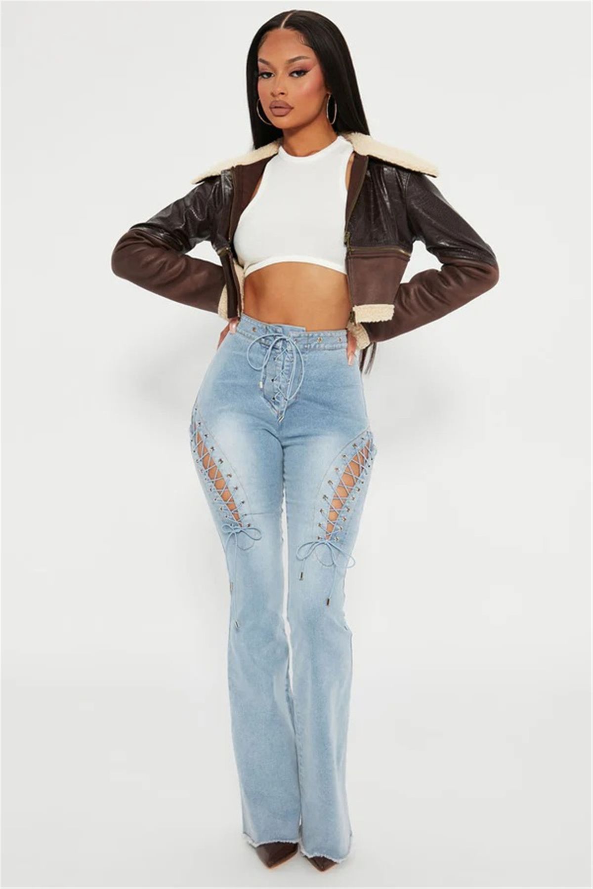Women's Clothing Sexy High Waist Ripped Elastic Eyelet Straps Hollow Denim Flared Pants_mkmklike.com
