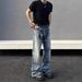 Men's Clothing Distressed Whiskered Dark Blue Jeans Distressed Whisker Dark Blue Cleanfit Jeans Slim Straight Leg With Subtle Flare Retro Denim Pants_mkmklike.com