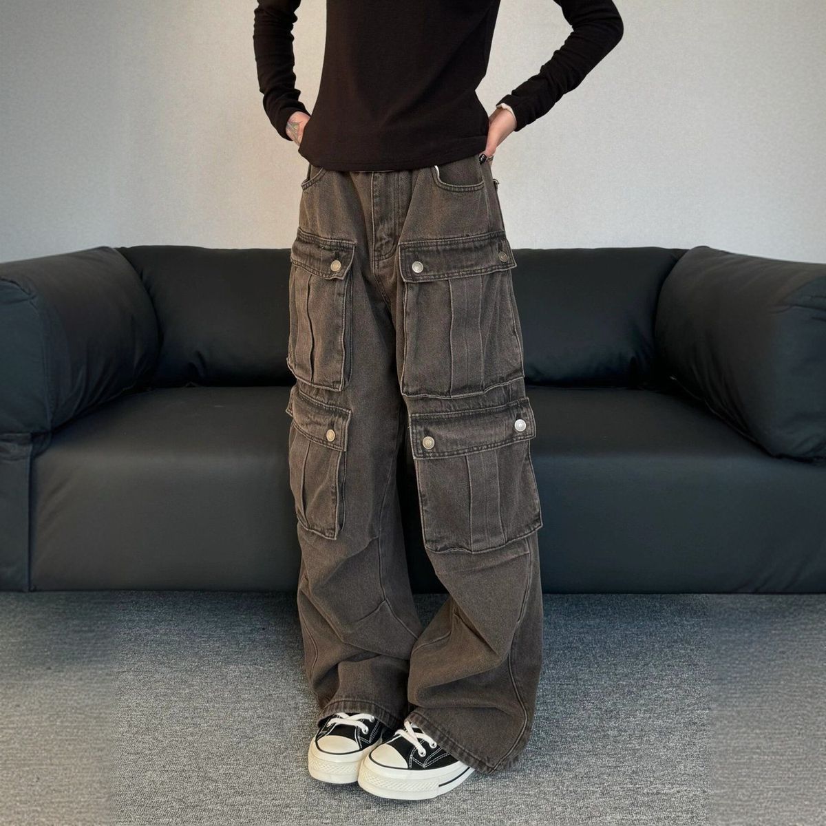 Men's Clothing Retro Distressed Washed Multi Pocket Workwear Jeans For Women Street Style Loose Casual Pants_mkmklike.com