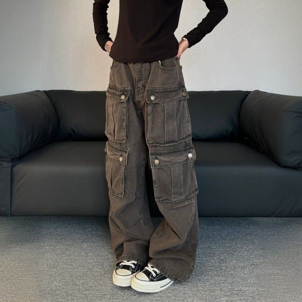 Men's Clothing Retro Distressed Washed Multi Pocket Workwear Jeans For Women Street Style Loose Casual Pants_mkmklike.com