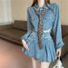 Chicco Spicy Girl Denim Set Women's New Frayed Collar Short Jacket High Waist Slimming Half Dress_mkmklike.com