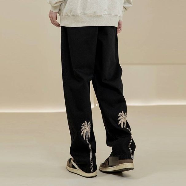 Men's Vintage American Style Coconut Tree Embroidered Jeans - Washed Straight Loose Fit Casual Trousers For Teens & Young Adults_mkmklike.com