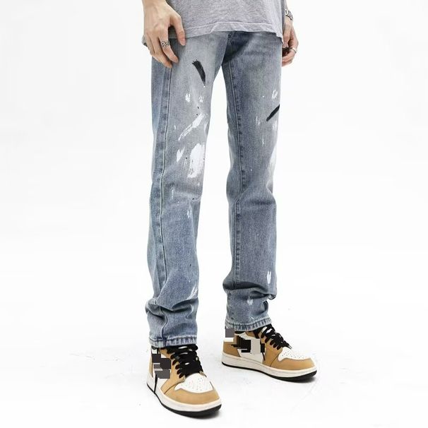 High Street Trendy Brand Splashed Ink Micro Flared Jeans Men's American Retro Vibe Style Loose Straight Casual Mopping Trousers_mkmklike.com
